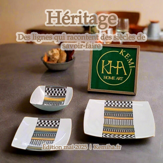 Coffret d'assiettes carrées en porcelaine fine Française fabriquées à la demande avec motif bande ethnique d'Afrique "Kounta" ou "Kanta" du Niger, présenté dans un coffret de 6 assiettes