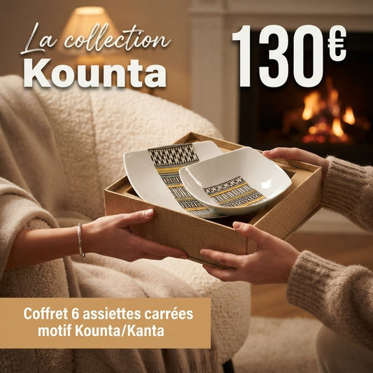 Coffret d'assiettes carrées en porcelaine fine avec motif ethnique Kounta ou Kanta