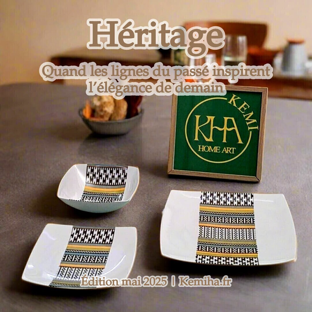 Coffret d'assiettes carrées en porcelaine artisanale – Motif Kounta ou Kanta, héritage du Sahel