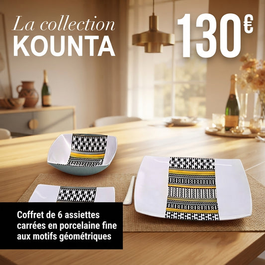 Coffret d'assiettes carrées en porcelaine fine Française fabriquées à la demande avec motif bande ethnique d'Afrique "Kounta" ou "Kanta" du Niger, présenté dans un coffret de 6 assiettes