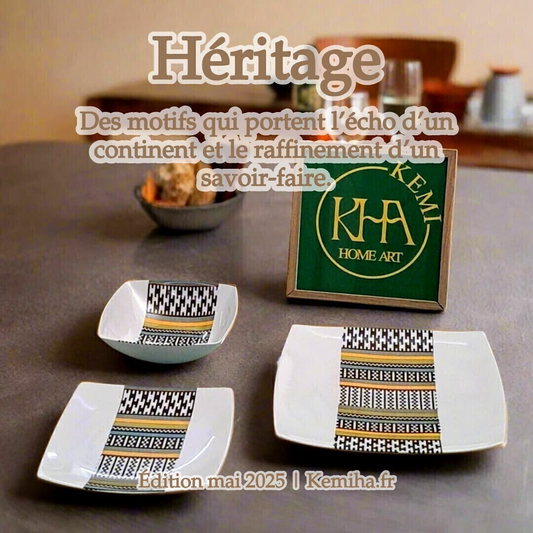 Coffret de 6 assiettes carrées en porcelaine fine – Motif Kounta ou Kanta, héritage du Niger