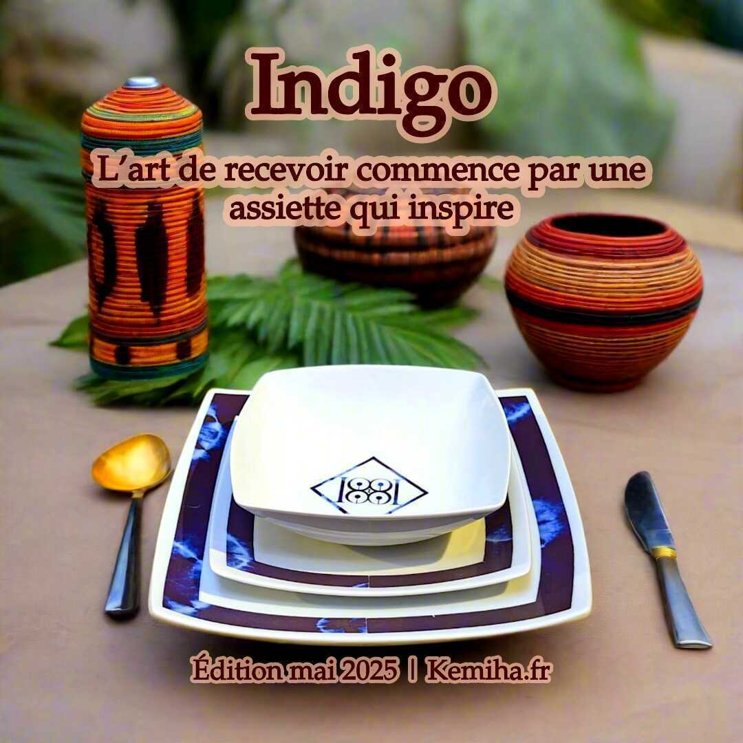 Coffret d'assiettes carrées en porcelaine fine – Motif Indigo bleu nuit (6 pièces)
