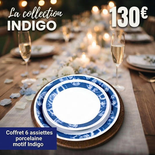 Coffret d'assiettes rondes en porcelaine fine avec motif Indigo bleu dans coffret de 6 pièces