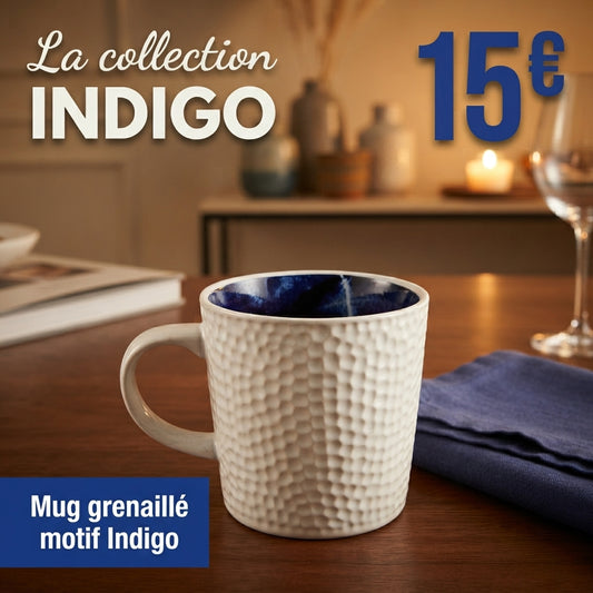 Mug grenaillé à l'extérieur en porcelaine fine fabriqué à la demande, motif ethnique bleu "Indigo" à l'intérieur