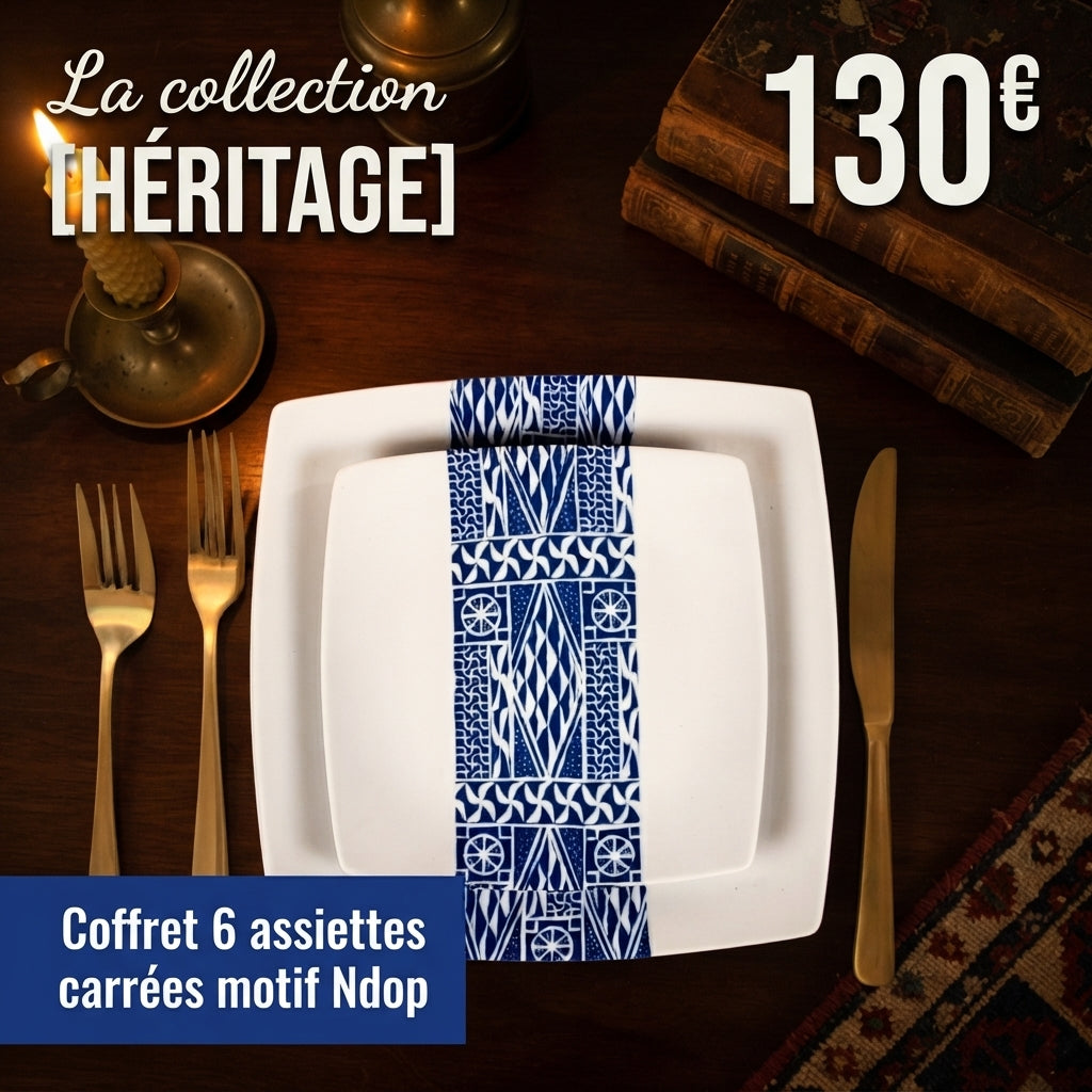 Coffret d'assiettes carrées en porcelaine fine avec motif ethnique Ndop bleu, présenté dans un coffret de 6 pièces