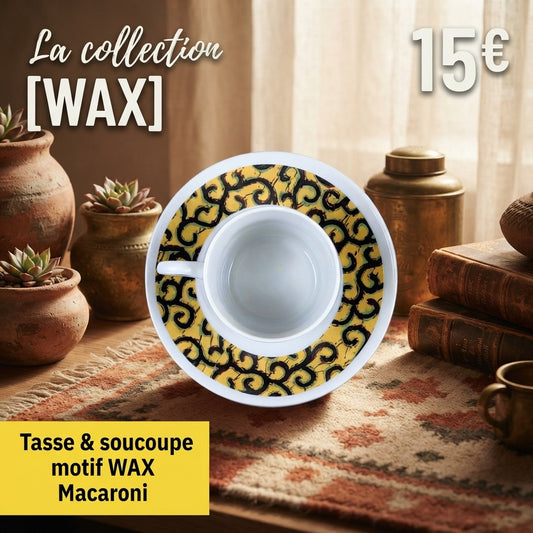 Tasse à Café en porcelaine fine avec soucoupe motif WAX « Macaroni ou Conseiller » jaune
