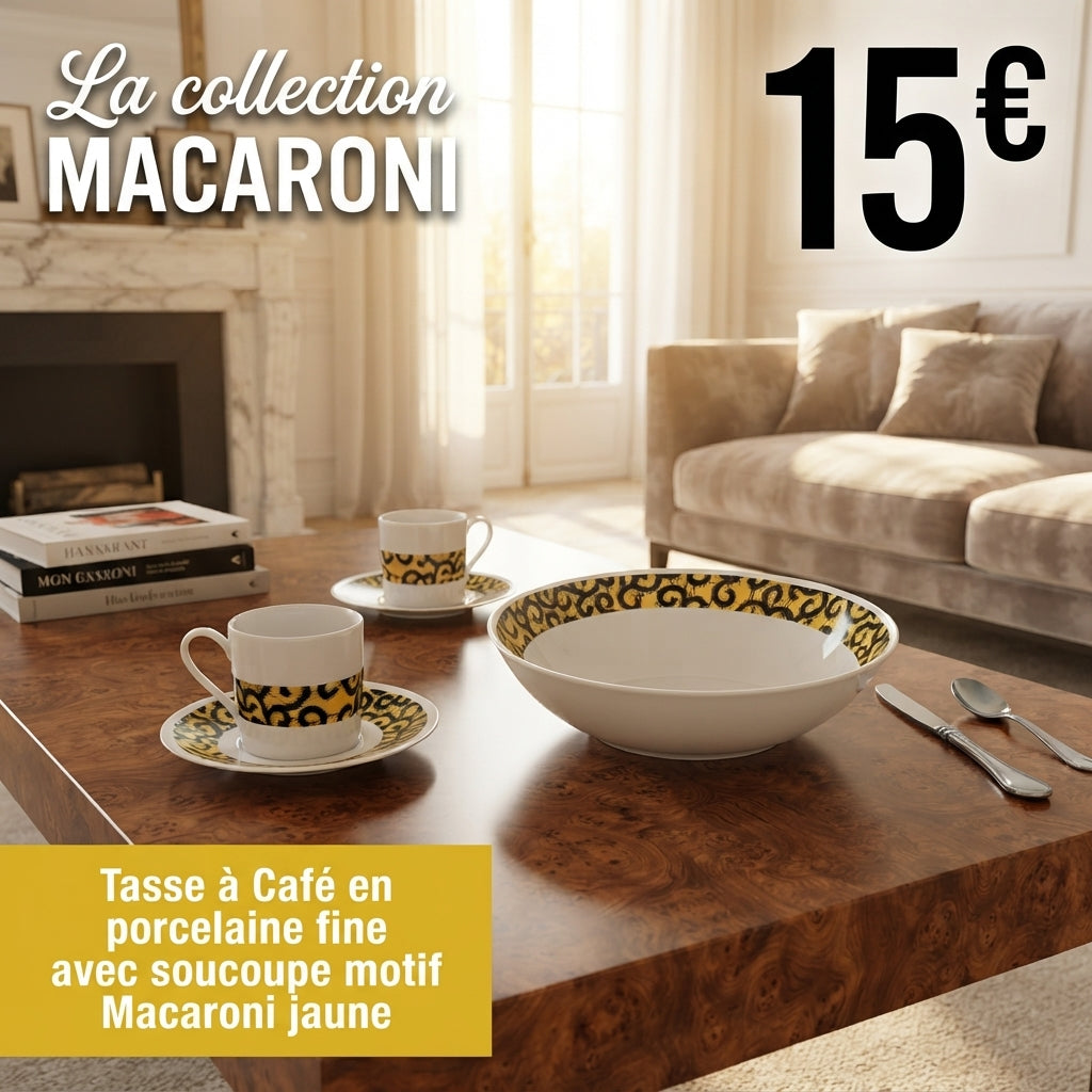 Tasse à Café en porcelaine fine Française fabriquée à la demande avec soucoupe motif africain WAX "macaroni ou Conseiller" jaune.