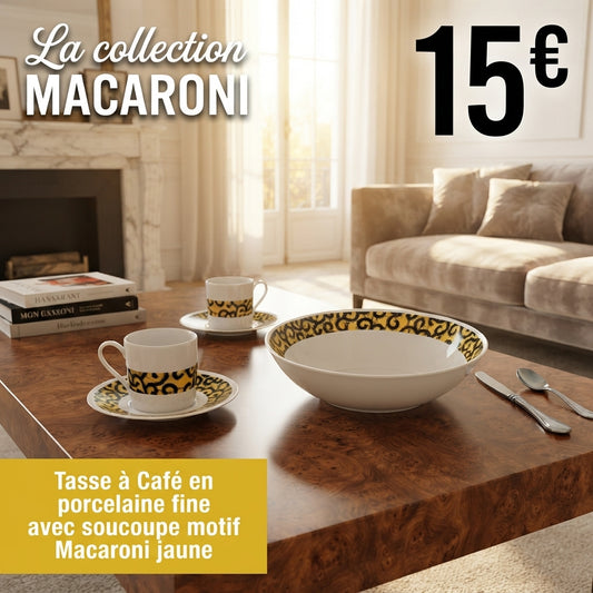 Tasse à Café en porcelaine fine Française fabriquée à la demande avec soucoupe motif africain WAX "macaroni ou Conseiller" jaune.