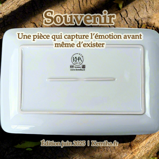 Grand plat en porcelaine fine sur commande, motif anneau wax "Fleurs de Mariage"