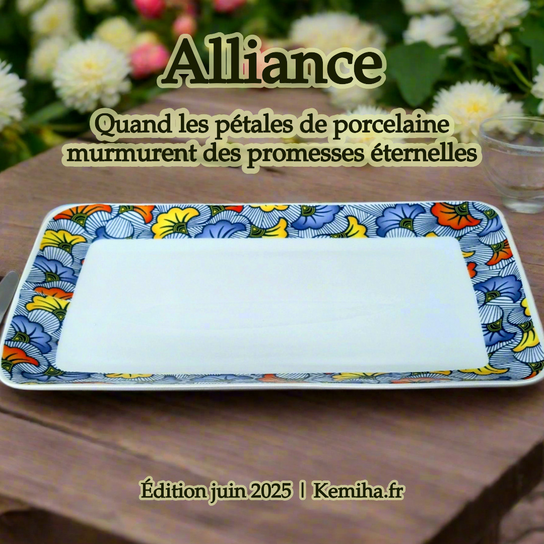 Grand plat en porcelaine fine fabriqué à la demande, motif anneau wax "Fleurs de Mariage"