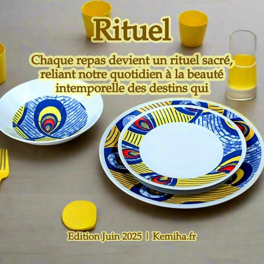 Coffret d'assiettes rondes en porcelaine fine Française fabriquées à la demande avec motif anneaux larges WAX d'afrique "Nos destins entrelacés" dans coffret de 6 assiettes.