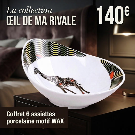 Coffret d'assiettes ovales en porcelaine fine avec motif anneau WAX "Œil de ma rivale" - 6 pièces