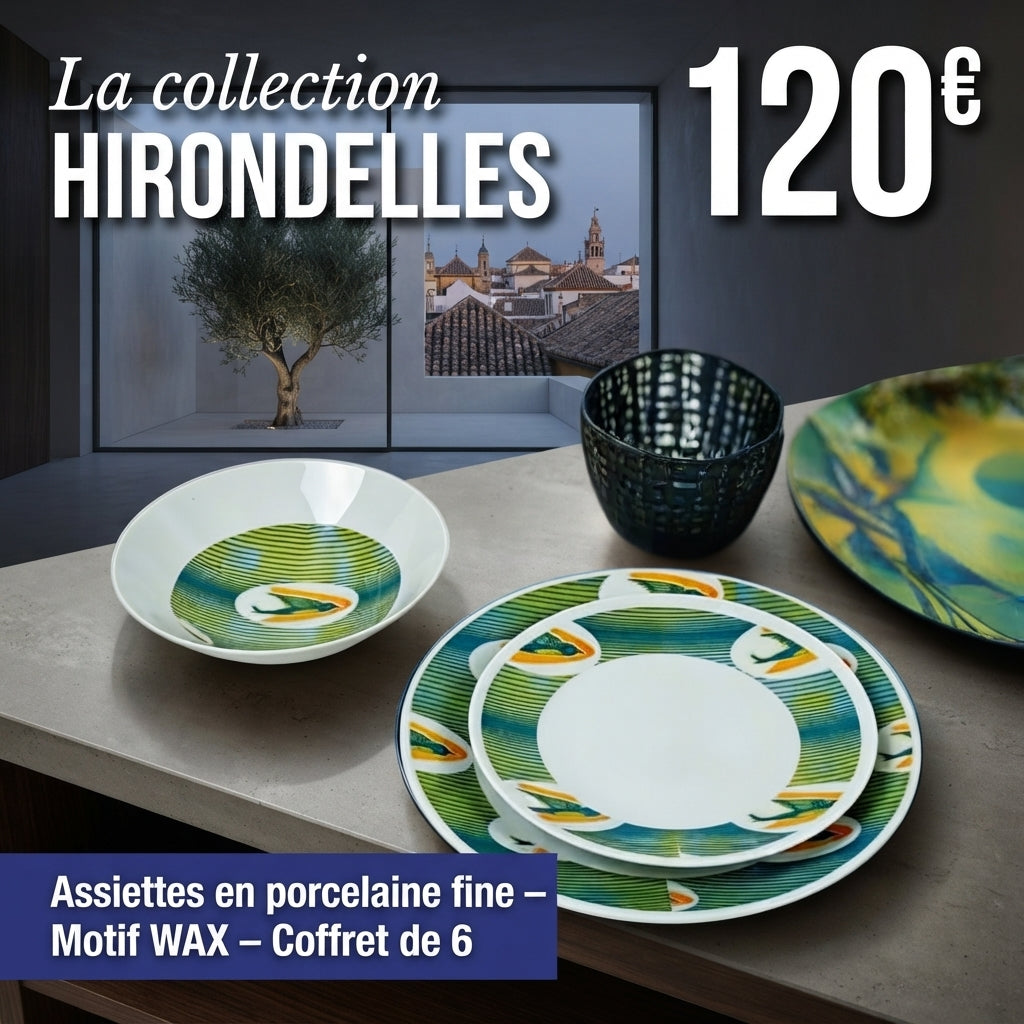 Assiettes en porcelaine fine – Motif WAX 'Hirondelles' – Fabrication personnalisée