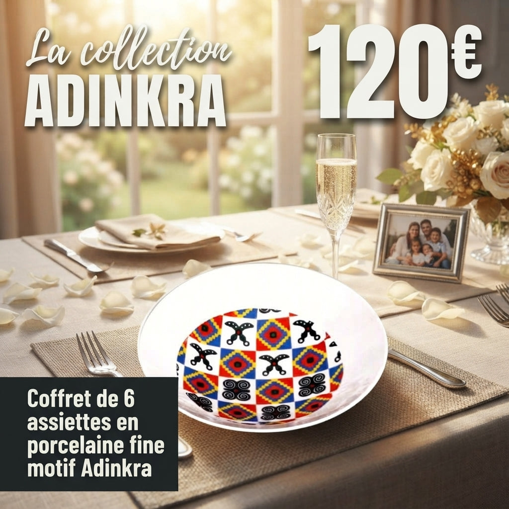 Coffret d'assiettes rondes en porcelaine fine Française fabriquées à la demande avec motif anneaux larges traditions d'afrique "Adinkra" du Ghana et de Côtes d'Ivoire dans coffret de 6 assiettes.