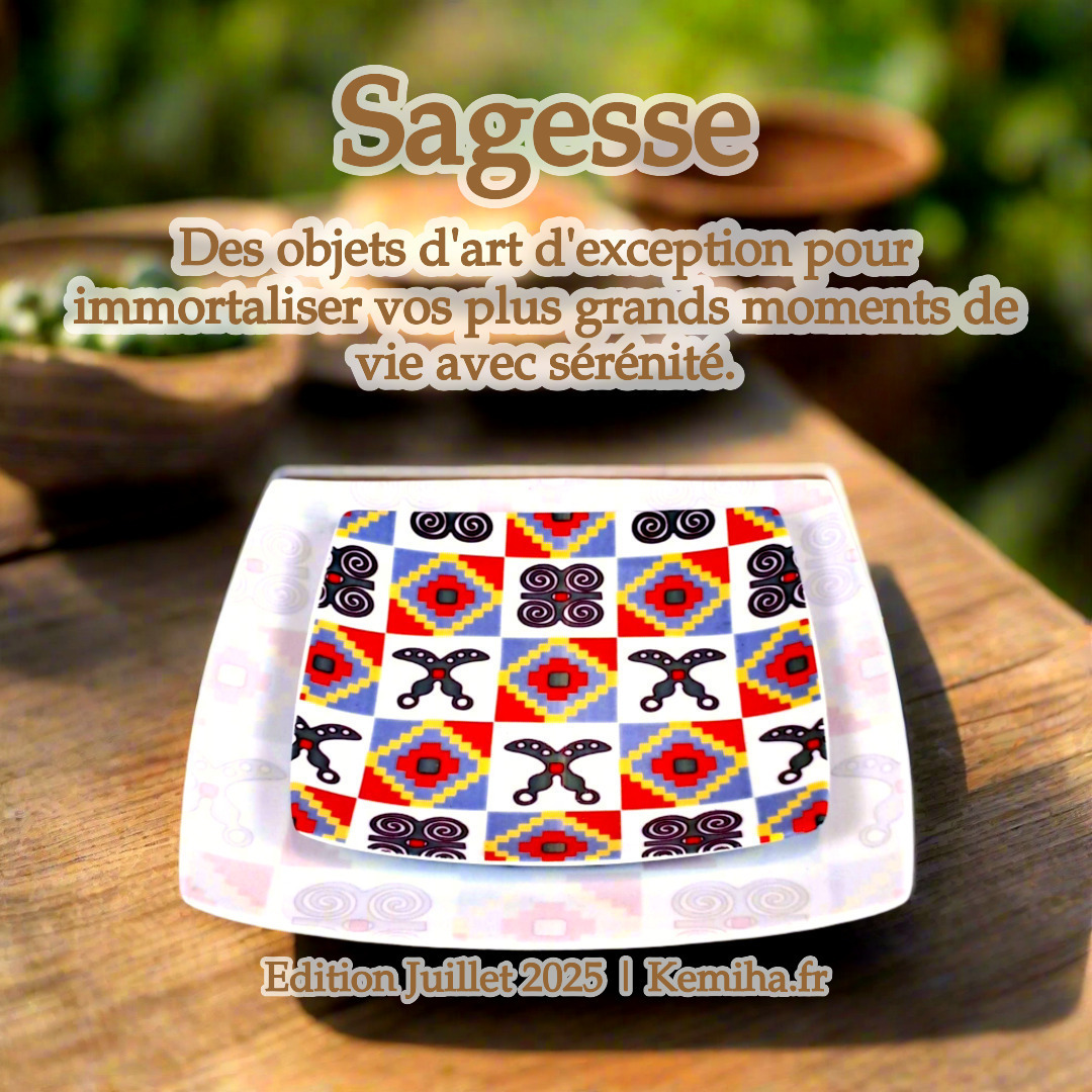 Coffret d'assiettes en porcelaine Française fabriquées à la demande avec carrées motif plein traditions d'Afrique "Adinkra" du Ghana et de Côtes d'Ivoire dans coffret de 12