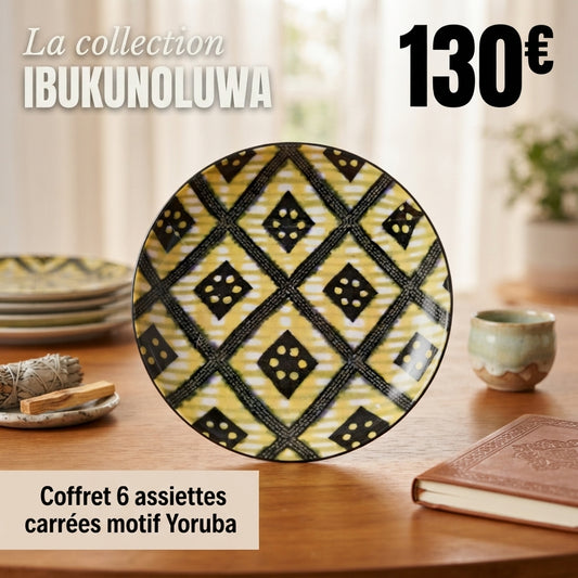 Coffret d'assiettes carrées en porcelaine fine avec motif bande yoruba "Ibukunoluwa" (6 assiettes)
