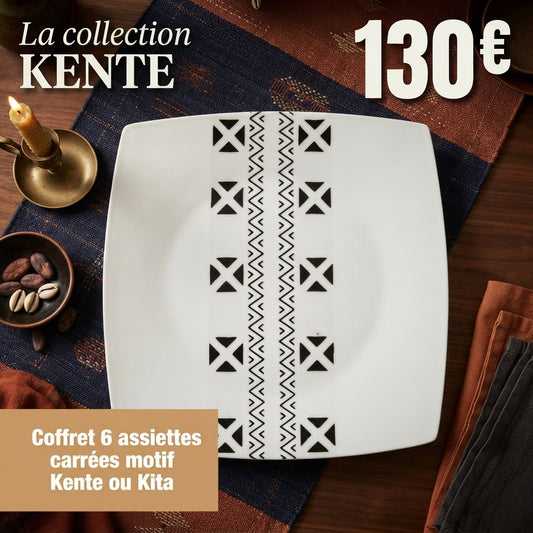 Coffret d'assiettes carrées en porcelaine fine à motifs ethniques Kente ou Kita