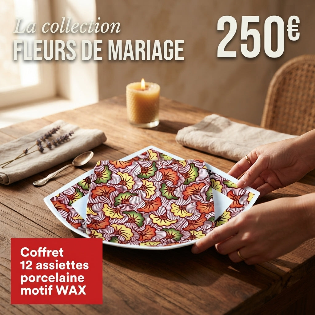 Coffret d'assiettes en porcelaine fine avec motif anneau WAX « Fleurs de Mariage » rouges