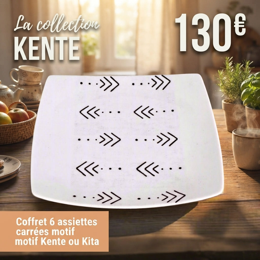 Coffret d'assiettes carrées en porcelaine fine à motifs ethniques Kente ou Kita