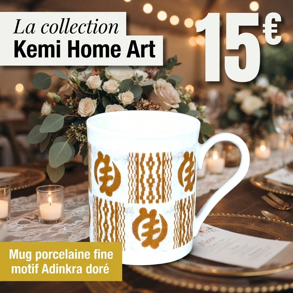Mug en porcelaine fine fabriqué à la demande, motif Adinkra doré