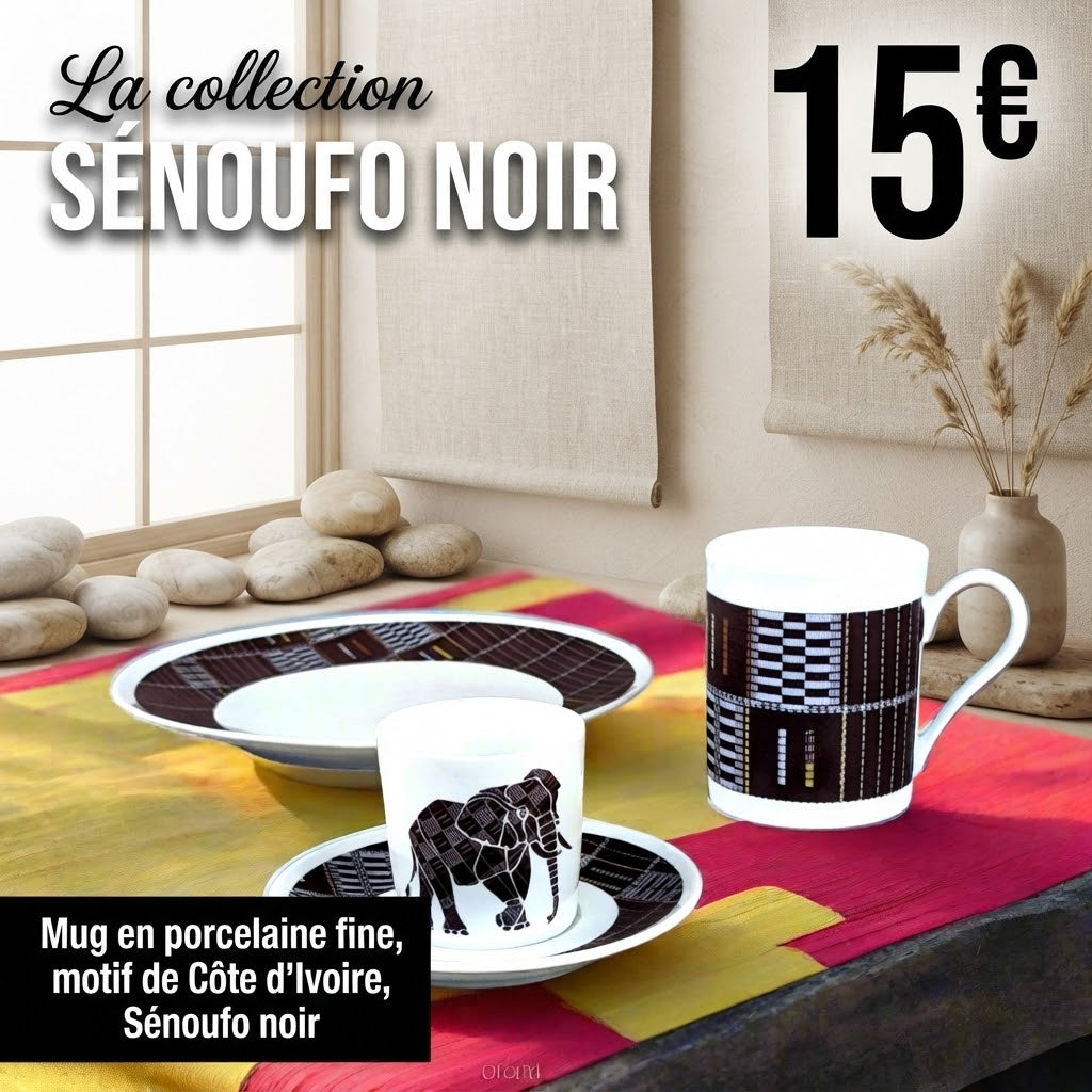 Mug en porcelaine fine Française fabriqué à la demande, motif de Côté d'Ivoire, extérieur "Sénoufo noir"