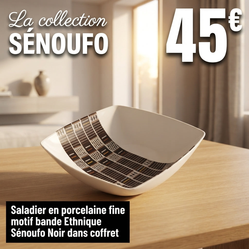 Saladier en porcelaine fine Française fabriqué à la demande motif bande Ethnique d'Afrique "Sénoufo Noir" de Côté d'Ivoire dans coffret