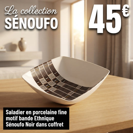 Saladier en porcelaine fine Française fabriqué à la demande motif bande Ethnique d'Afrique "Sénoufo Noir" de Côté d'Ivoire dans coffret