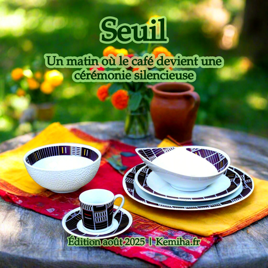 Tasse à Café en porcelaine fine fabriquée à la demande avec soucoupe motif anneau Sénoufo bleu indigo de Côte d'Ivoire