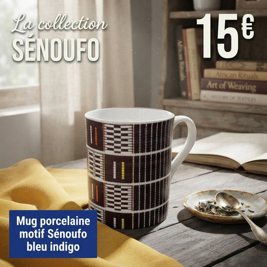 Mug en porcelaine fine à motif Sénoufo bleu indigo - Édition limitée