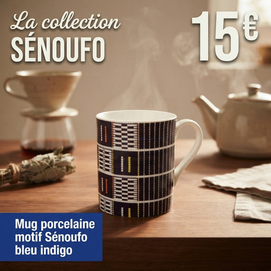 Mug en porcelaine fine à motifs Sénoufo bleu indigo, édition limitée