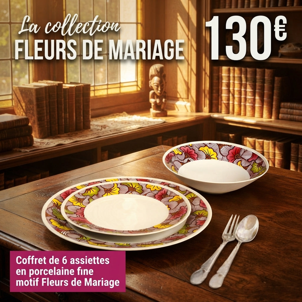 Coffret d'assiettes en porcelaine fine Française fabriquées à la demande avec motif anneaux larges "Fleurs de Mariage" rose magenta dans coffret de 6