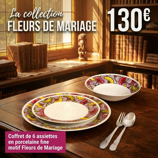 Coffret d'assiettes en porcelaine fine Française fabriquées à la demande avec motif anneaux larges "Fleurs de Mariage" rose magenta dans coffret de 6