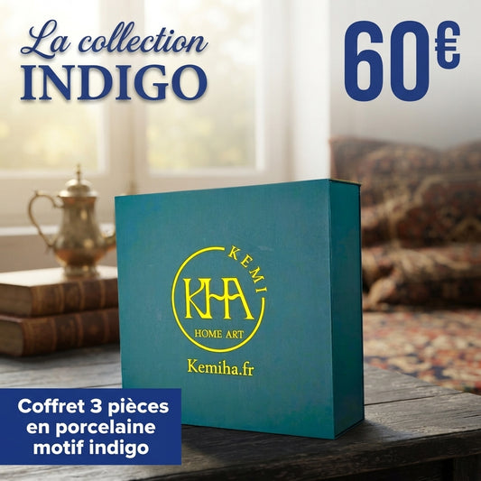 Coffret petit déjeuner en porcelaine fine orné d’un motif indigo