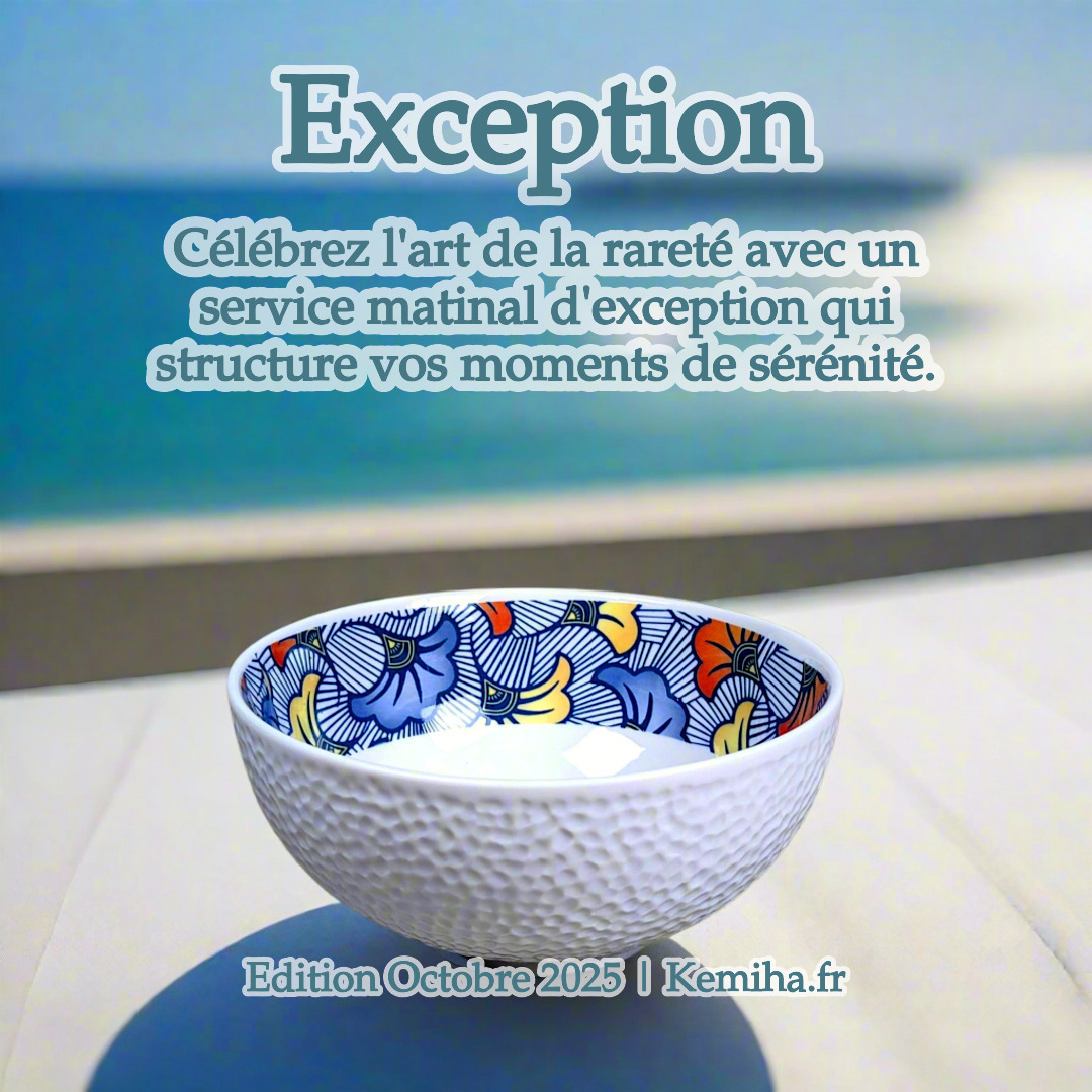 Coffret petit déjeuner en porcelaine fine, motif WAX "Fleurs de Mariage" bleu, composé d'une petite assiette, d'un bol et d'un MUG