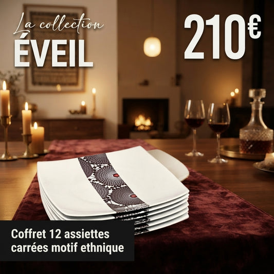 Coffret d'assiettes carrées en porcelaine fine fabriquées à la demande avec motif bande Ethnique " masques d'Afrique de l'Ouest et gammaphone noire" dans coffret de 12 assiettes