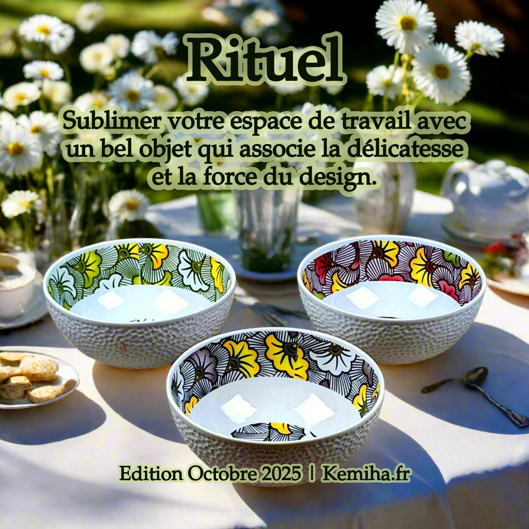 Bol grenaillé à l'extérieur en porcelaine fine Française fabriquées à la demande, motif WAX  "Fleurs de mariage" noir et jaune à l'intérieur