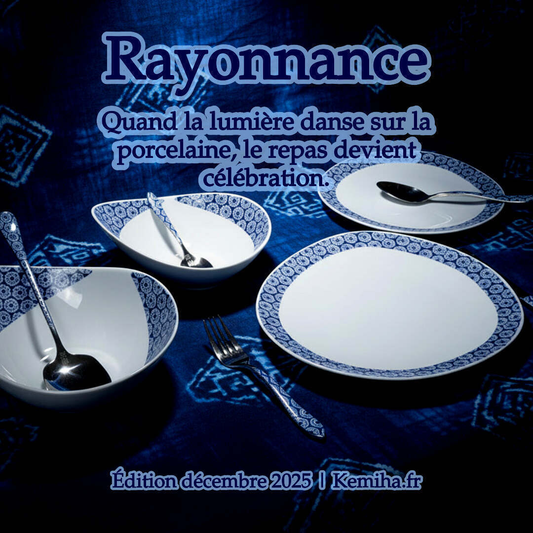 Coffret d'assiettes ovales en porcelaine artisanale – Motif « Indigo, éclats de lumière » (6 pièces)