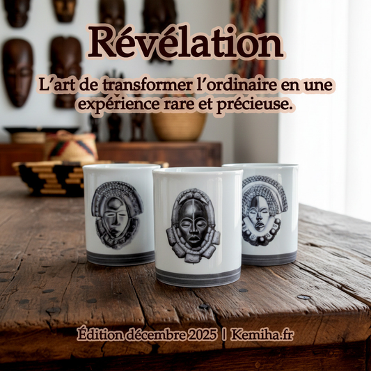 Mug en porcelaine fine fabriqué à la demande, motif extérieur masques "Yacouba" et "Dan"