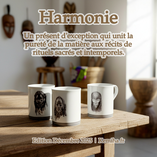 Mug en porcelaine fine Française fabriqué à la demande, motif d'Afrique, Côté d'Ivoire extérieur masques "Yacouba" et "Dan" 4