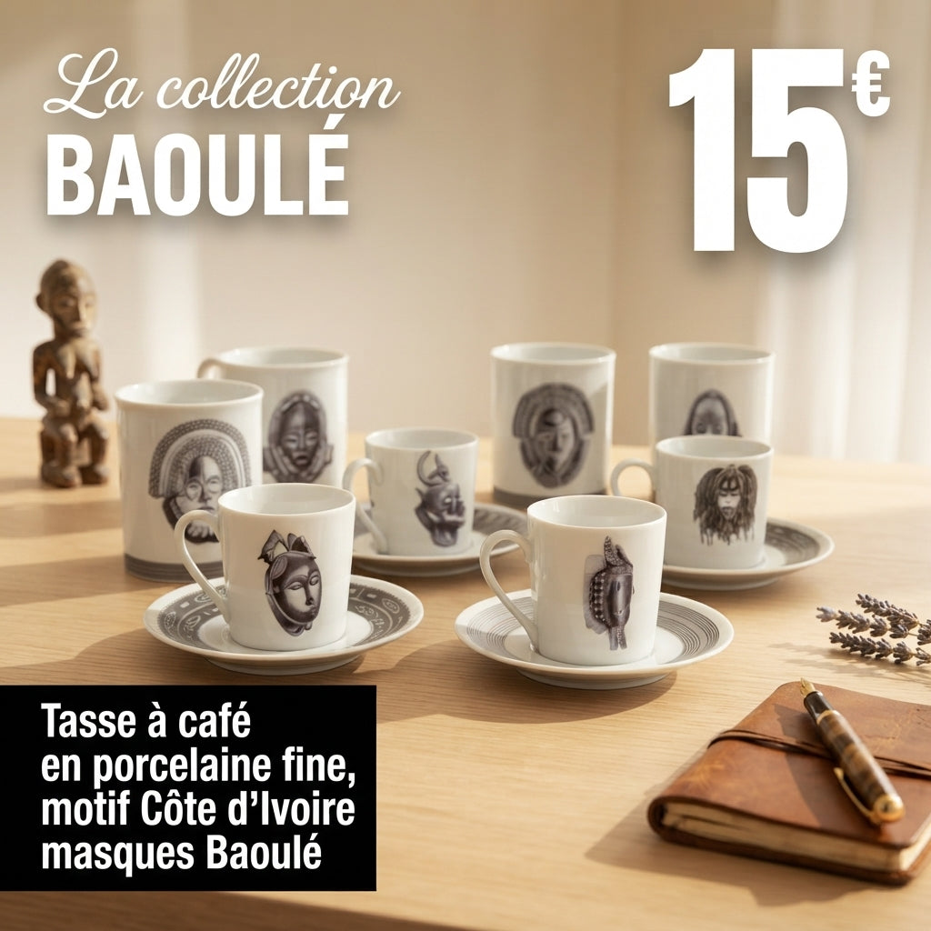 Tasse à café en porcelaine fine Française fabriqué à la demande, motif d'Afrique, Côté d'Ivoire extérieur masques "Baoulé"
