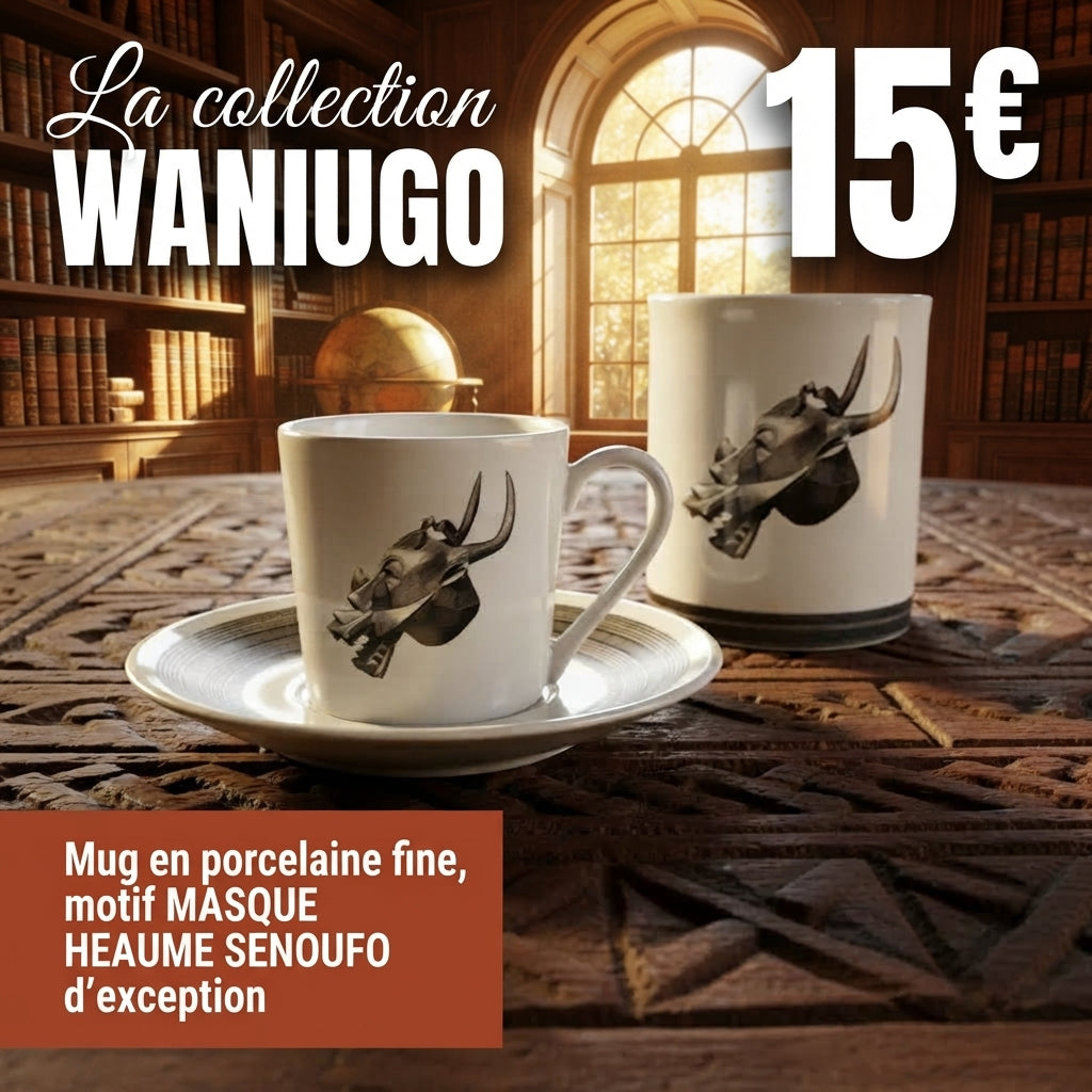 Mug ou Tasse à café en porcelaine fine Française fabriqué à la demande, motif d'Afrique, Côté d'Ivoire MASQUE HEAUME SENOUFO, A tête d'animal à la gueule béante armé de crocs 1