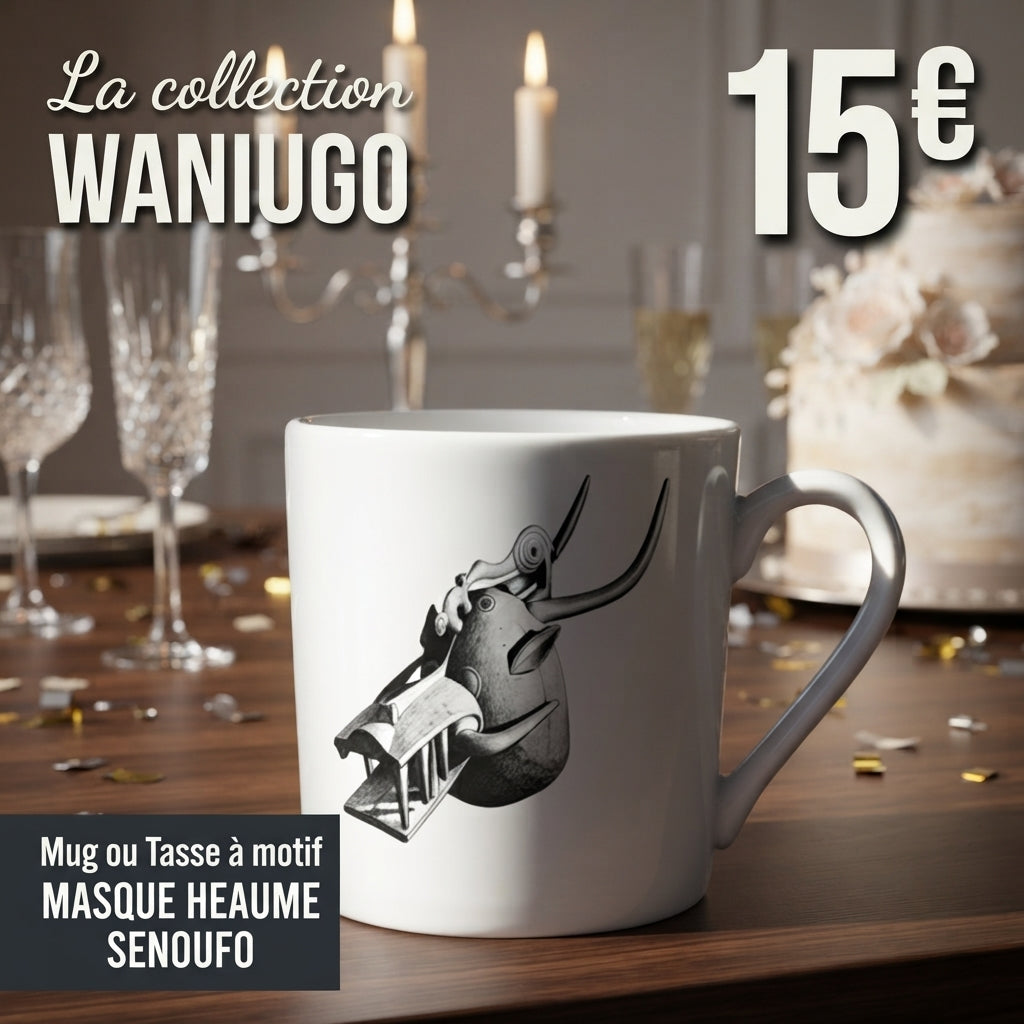 Mug ou Tasse à café en porcelaine fine fabriqué à la demande, motif MASQUE HEAUME SENOUFO, tête d'animal à la gueule béante armé de crocs