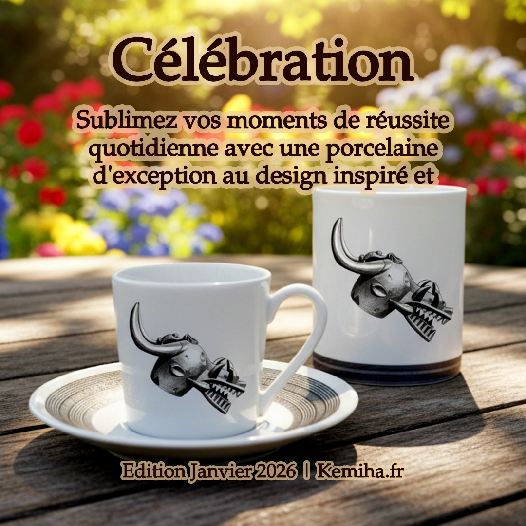 Mug ou Tasse à café en porcelaine fine Française fabriqué à la demande, motif d'Afrique, Côté d'Ivoire MASQUE HEAUME SENOUFO, A tête d'animal à la gueule béante armé de crocs 3