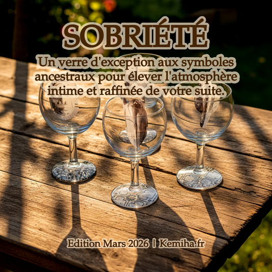 Verre à vin avec motif masque du Bénin et disque sous pied au motif géométrique noir