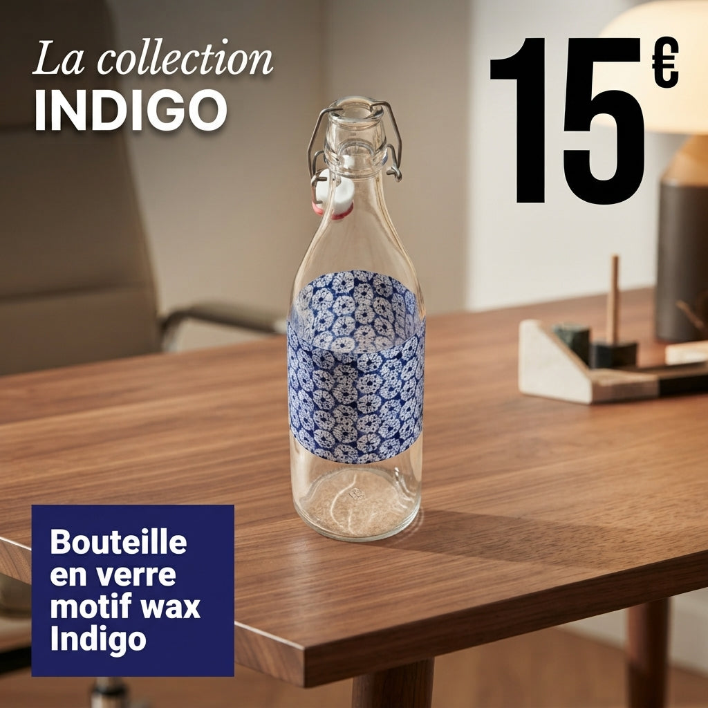 Bouteille en verre motif wax "Indigo"