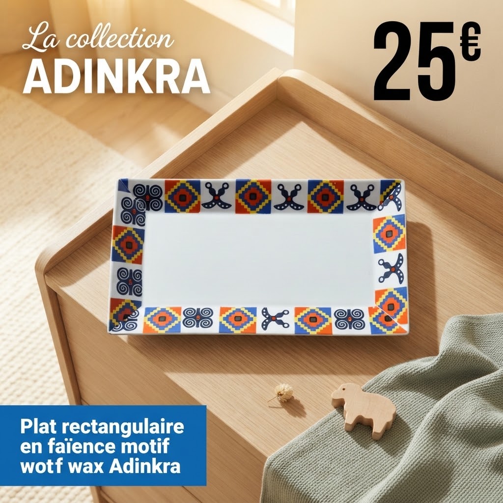 Plat rectangulaire en faïence motif wax "Adinkra"