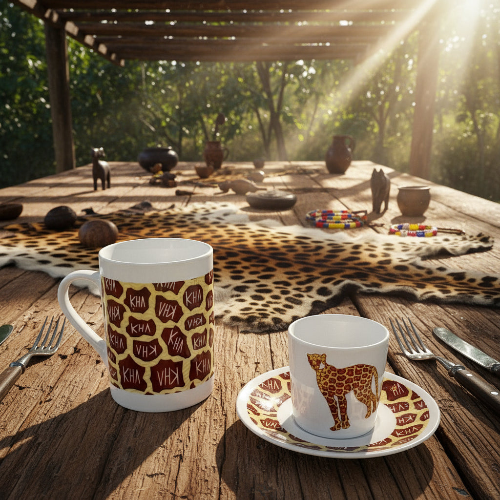 Mug et tasse au motif wax Peau de léopard, taches brunes sur fond ocre, avec un léopard dessiné