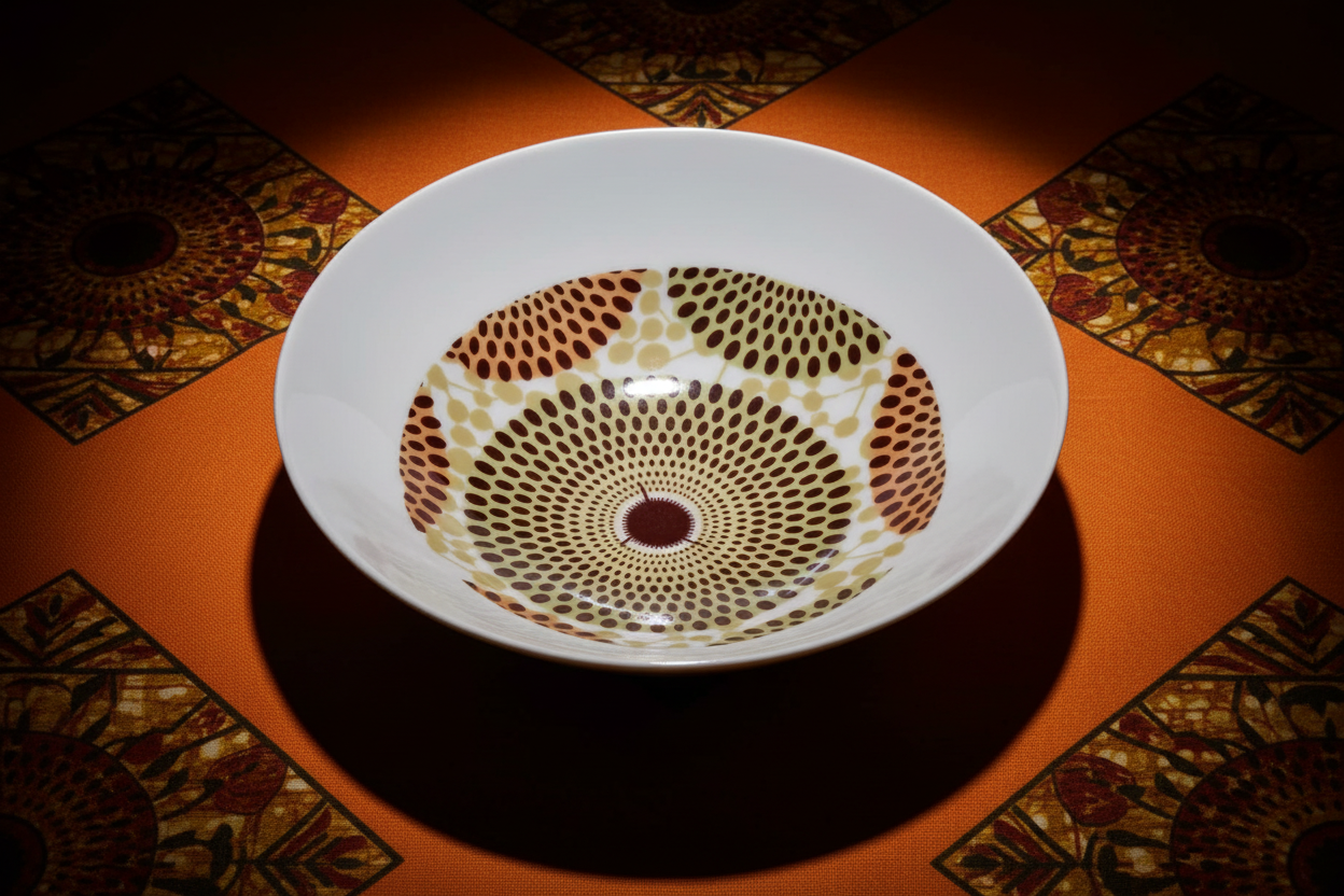 Set französischer Porzellanteller, individuell gefertigt, mit einem breiten Wachsdruckringmotiv aus Afrika (Gammaphone), in einer Geschenkbox