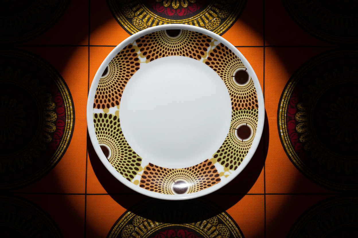 Set französischer Porzellanteller, individuell gefertigt, mit einem breiten Wachsdruckringmotiv aus Afrika (Gammaphone), in einer Geschenkbox