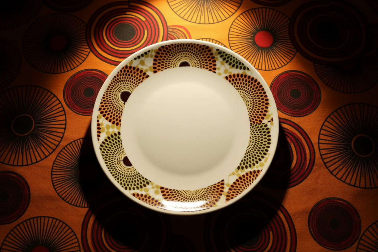 Set französischer Porzellanteller, individuell gefertigt, mit einem breiten Wachsdruckringmotiv aus Afrika (Gammaphone), in einer Geschenkbox